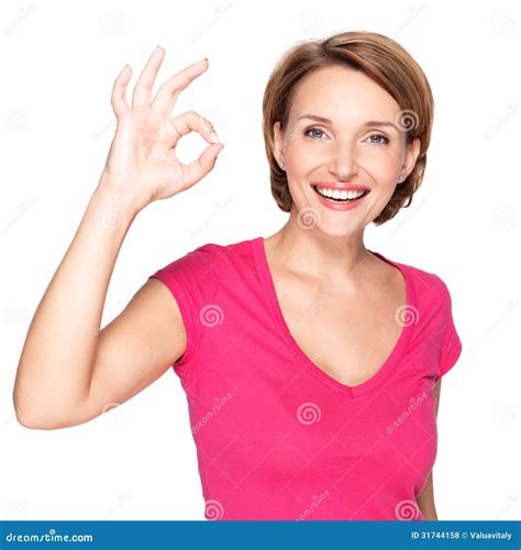 Adult Happy Woman With Ok Gesture Stock Photo - Image of white, woman ...