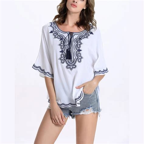 Women Summer White Floral Embroidered Blouses Sexy Bohemian Woman Fashion Shirt Half Sleeve