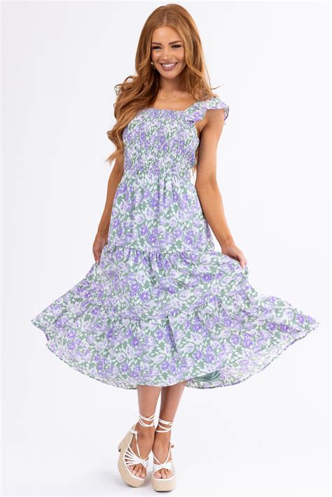 Dark Sage Floral Pattern Smocked Midi Dress Lime Lush Boutique