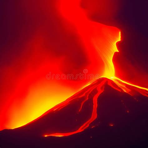 Image Of The Volcanic Eruption With Flowing Hot Lava And Fire Stock