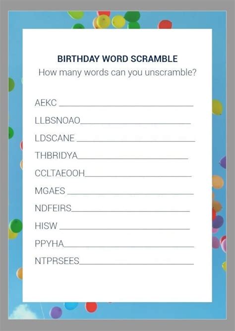 Birthday Word Scramble Kids Fun Ready To Use Digital Instant Download