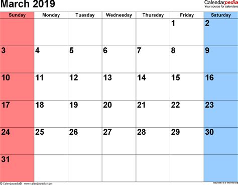 March 2019 - calendar templates for Word, Excel and PDF