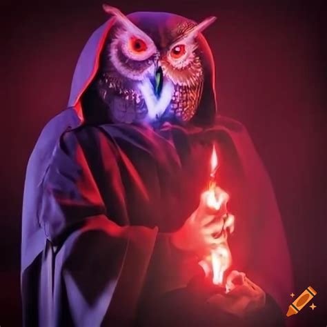 Owl Headed Wizard Casting Lightning Bolt With Crystal Staff And Red