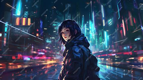 Premium AI Image | Anime Girl Neon Chronicles Cyberpunk Girls in the City