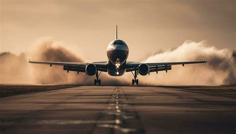 Flying Passenger Airplane Taking Off Into Blue Sunset Sky Generated By