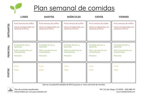 Plantillas editables online de menú semanal