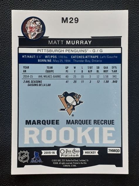 MATT MURRAY RC 2015 16 O PEE CHEE PLATINUM MARQUEE ROOKIES 15 16 NO M29