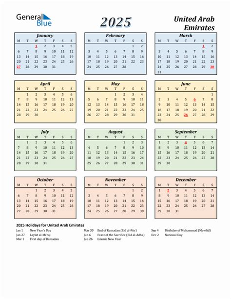 2025 United Arab Emirates Calendar with Holidays