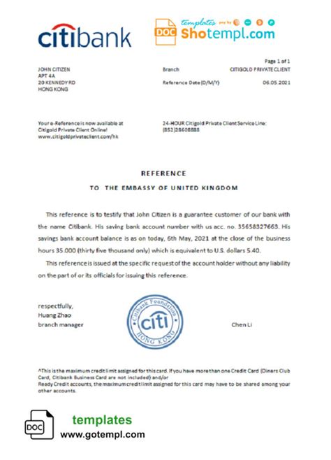 Hong Kong Citibank Bank Account Balance Reference Letter Template In