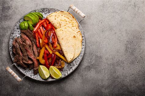 Mexican Dish Beef Fajitas With Tortillas From Above Copy Space Stock