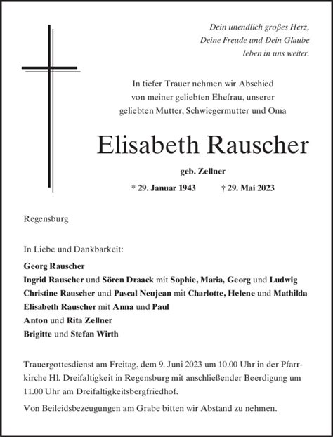 Traueranzeigen Von Elisabeth Rauscher Mittelbayerische Trauer