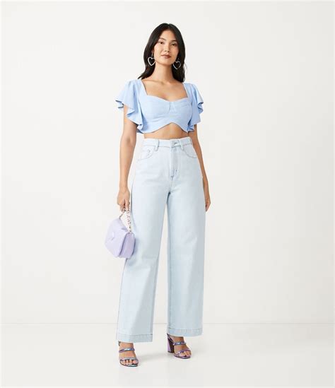 Calça Wide Leg Jeans Com Brilho Laterais Azul