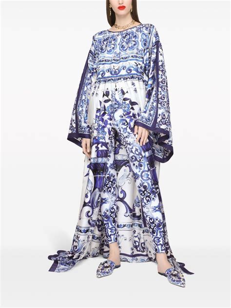 Dolce Gabbana Majolica Print Silk Dress In Blue Modesens