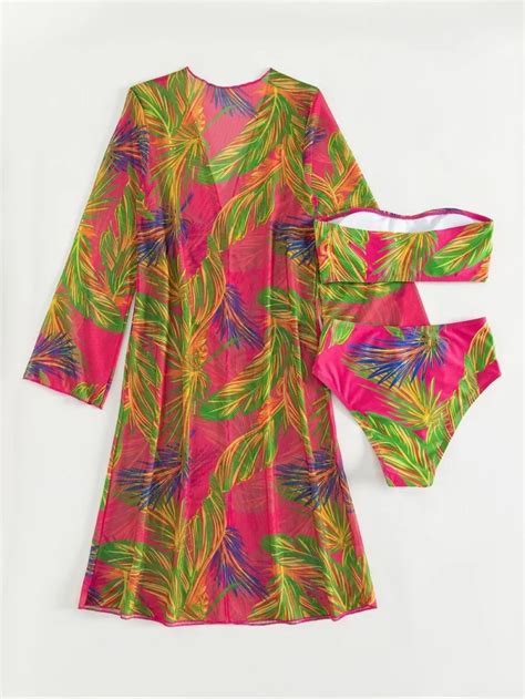 Tropical Print Bandeau Bikini Swimsuit With Kimono Women S Store