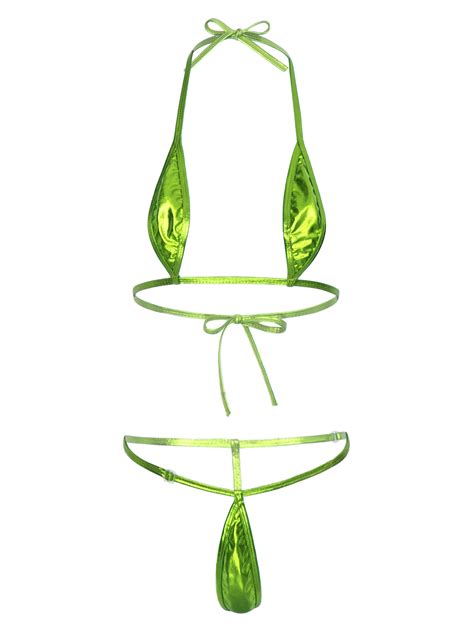Sxiwei Womens Glossy Halter Lingerie Set Mini Micro Bra Metallic Bikini G String Thongs Swimwear