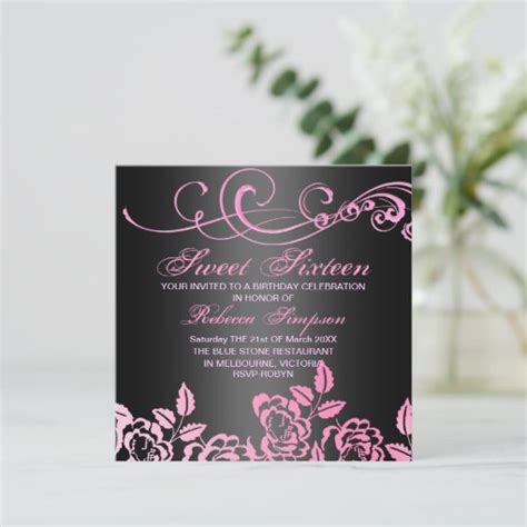 Pink Black Swirl Rose Sweet 16 Birthday Invite Zazzle