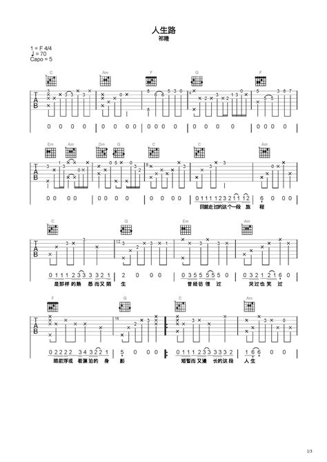 《人生路》吉他简谱c调弹唱谱祁隆 吉他曲谱 师谦曲谱网