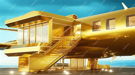 Premium Photo | Golden Luxury Private Jet On Clean Blue Sky Background