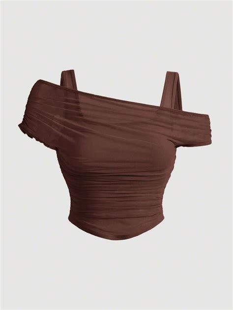 SHEIN MOD Plus Size Nude Color Off Shoulder Sheer Mesh Tank Top Summer SHEIN USA