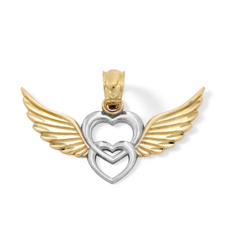 10K Solid Gold Double Heart with Wings Two-Tone Necklace Charm | Banter