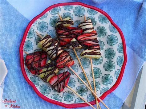 Chocolate Drizzled Fruit Kabobs Gathered In The Kitchen