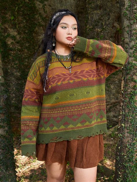 Romwe Hippie Plus Geo Pattern Drop Shoulder Distressed Jumper Shein Uk