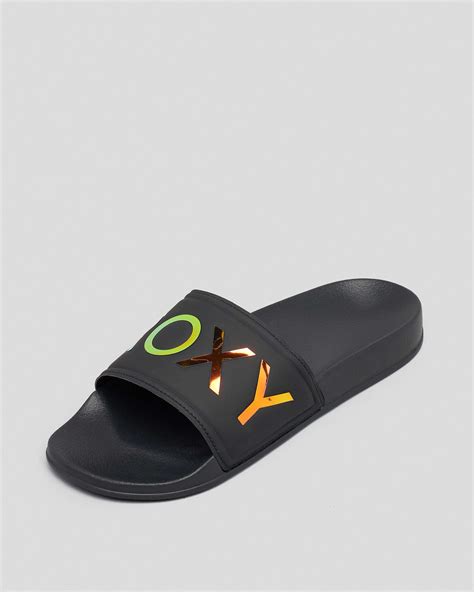 Shop Roxy Slippy Slide Sandals In Black Fluorescent Fast Shipping