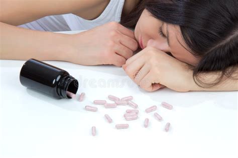 Woman With Headache Hand Take Pill Medicine Tablet Stock Image Image