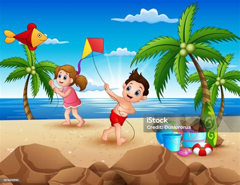 Criança Na Praia Desenho - Vetores de Desenho De Crianças Brincando Com Pipas Na Praia e mais ...