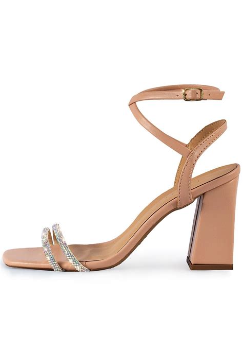Sand Lia Feminina Salto Bloco Alto Grosso Lumiss Tiras Strass Brilho Confort Vel Nude Compre