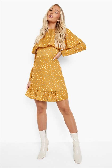 Polka Dot Flared Sleeve Skater Dress Boohoo Usa