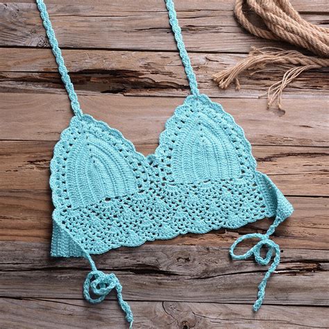 Women Bikini Crop Top Crochet Boho Bralette Halter Cami Knitted Bra