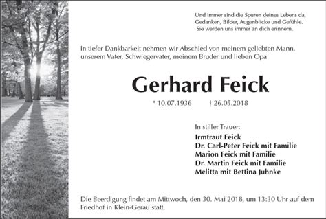 Traueranzeigen Von Gerhard Feick Vrm Trauer De