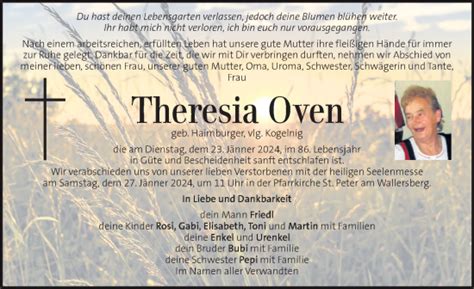 Traueranzeigen Von Theresia Oven Trauer Kleinezeitung At