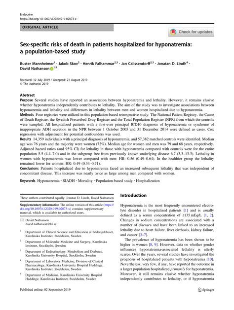 Pdf Sex Specific Risks Of Death In Patients Hospitalized For Hyponatremia A Population Based