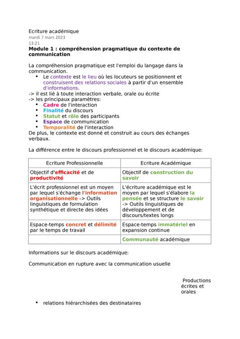 Ecriture académique jusqu au module 5 Ecriture académique mardi 7