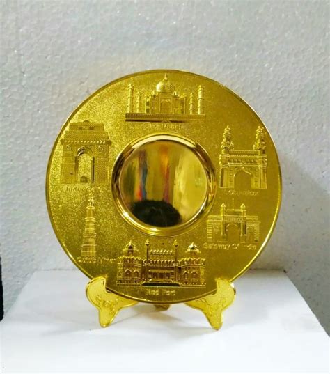 Metal Golden Round Momento Plate With Golden Stand With Monuments Red