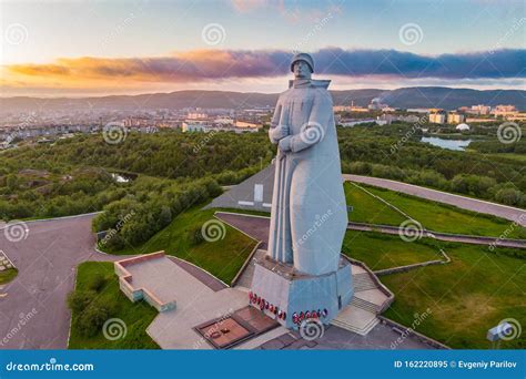 Murmansk Russia July 1 2019 Aerial View Panorama Of City Monument