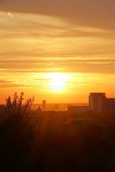 Vivid Orange Sky Sunrise Over Central London Viewed From Hampstead