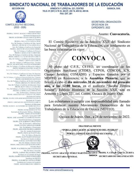 Nueva dirigencia de la sección 22 del SNTE CNTE convoca a una Asamblea