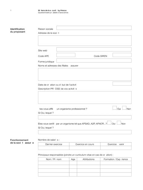 Remplissable En Ligne M Tiers De La S Curit By Hiscox Questionnaire