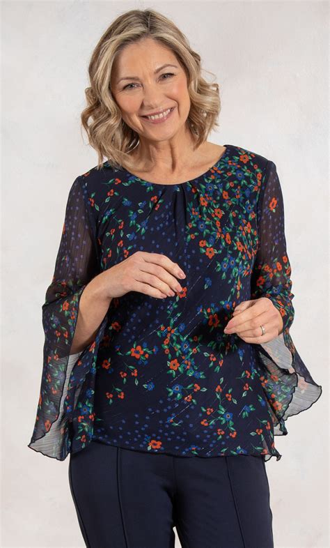 Anna Rose Floral Print Chiffon Top In Blue Klass