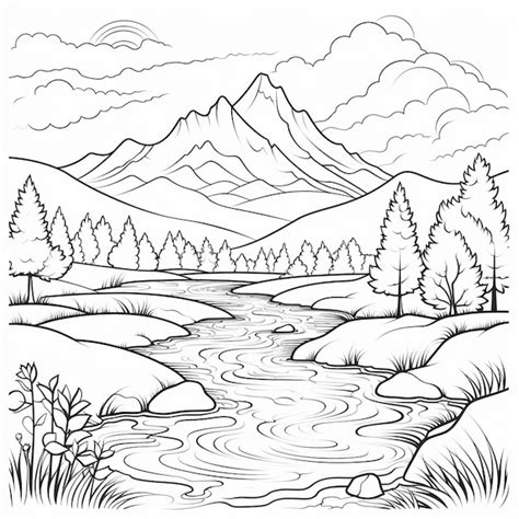 Un Disegno In Bianco E Nero Di Un Fiume Di Montagna Con Alberi