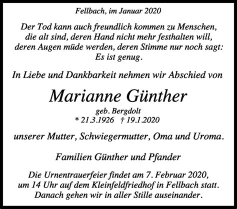 Traueranzeigen Von Marianne G Nther Stuttgart Gedenkt De