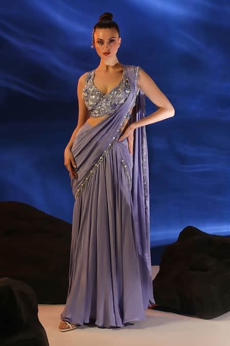 Buy Purple Crepe Embroidery Cutdana Leaf Neck Asherah Pre Draped Saree