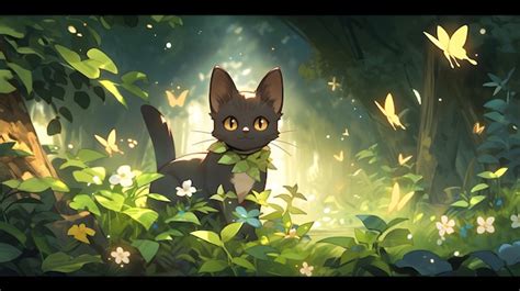 Premium AI Image | Mysterious black cat sitting in the forest anime ...