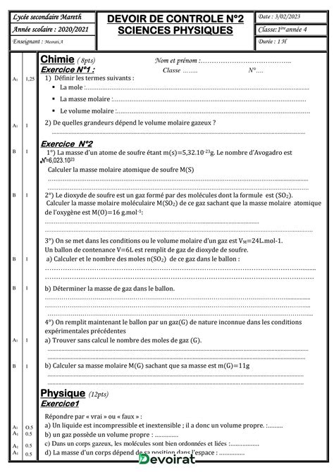 SOLUTION Devoir De Contr Le N 2 Sciences Physiques 1 Re As 2022 2023