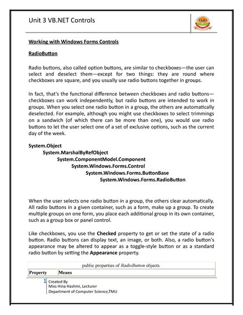 VB Tbtbrt Unit 3 VB Controls Working With Windows Forms Controls