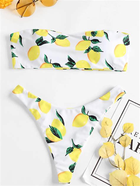 Sexy Bikinis Women Lemon Print Bandeau Bikini Set Swimsuit