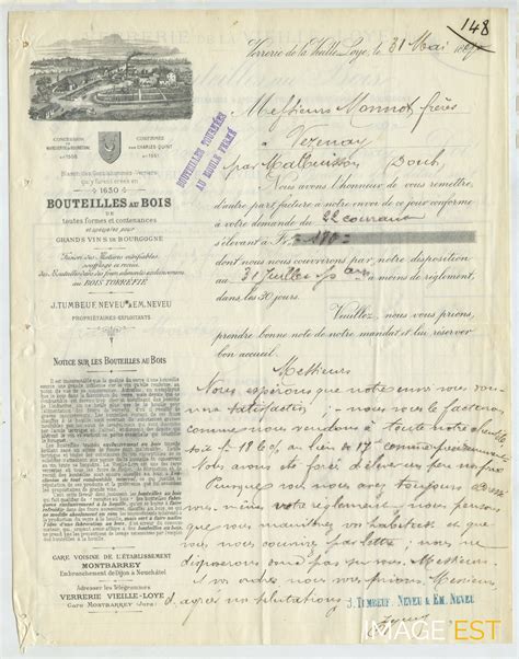 Facture De La Verrerie La Vieille Loye 1890 Fiche Documentaire